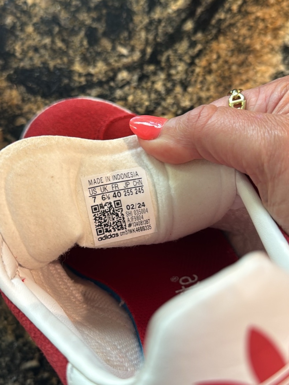 adidas Women’s Red Suede Sneakers with White Stripes - Picture 5 of 6